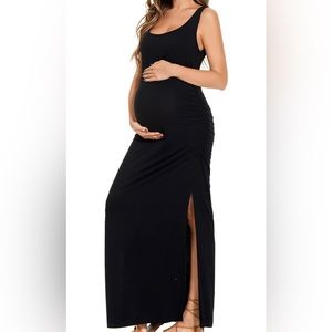 Large Black Women's Split Long Maternity Dress Sleeveless Ruched
